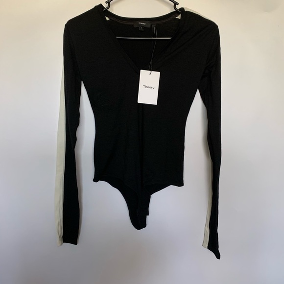 Theory Black White Wool Deep V-neck Body Suit NWT - Picture 3 of 7